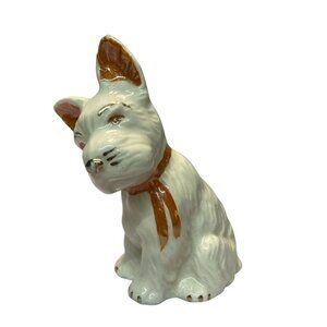Vintage Scottish Terrier Scottie Dog Figurine Statue Ceramic White Gold 5” Tall